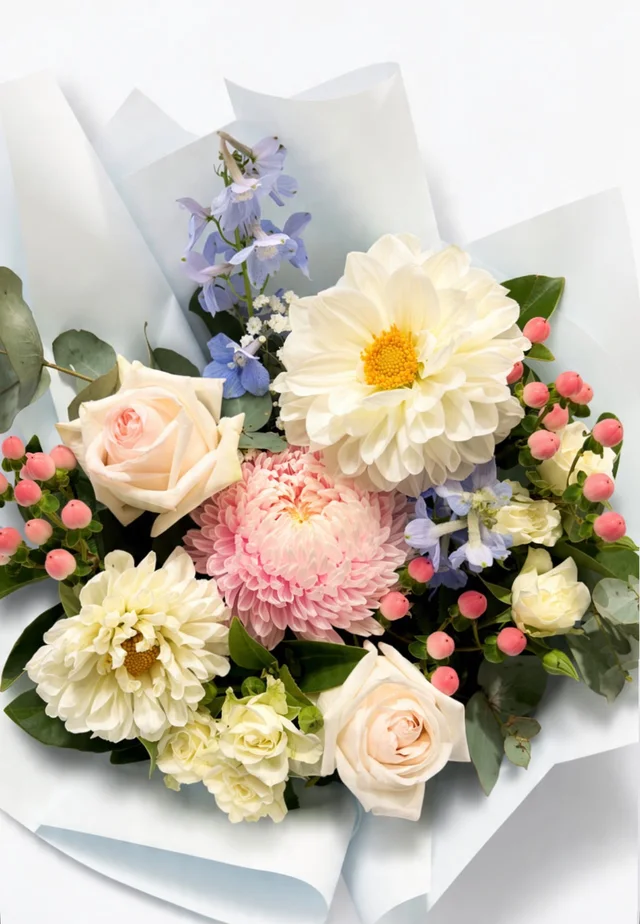 A pastel bouquet of cream dahlias, blush roses, pink chrysanthemums and pale blue flowers